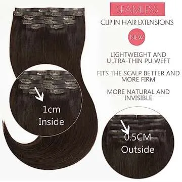 Loxxy Seamless Hair Extensions Clip in Human Hair 22inch Darkest Brown 100% Remy Natural Thick Hair ...