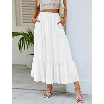 HAEOF Women's 2023 Summer Boho Elastic High Waist Maxi Skirts Chiffon A-Line Flowy Beach Long Skirt with Pockets(White, XL)
