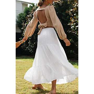 HAEOF Women's 2023 Summer Boho Elastic High Waist Maxi Skirts Chiffon A-Line Flowy Beach Long Skirt with Pockets(White, XL)