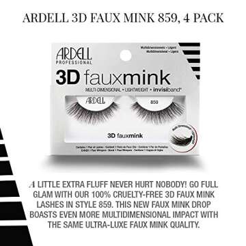 Ardell False Eyelashes 3D Faux Mink Lashes 859 - Lightweight Reusable Strip Lashes with Invisiband, Ultra-Fluffy Volume for a Natural Glam Look, 4 Pairs