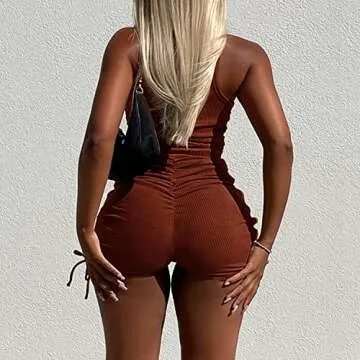 Summer Two Piece Outfits for Women, Casual Stretchy Ribbed Tank Crop Top Drawstring Ruched Shorts Set Workout Tracksuits (Brown,XXL)