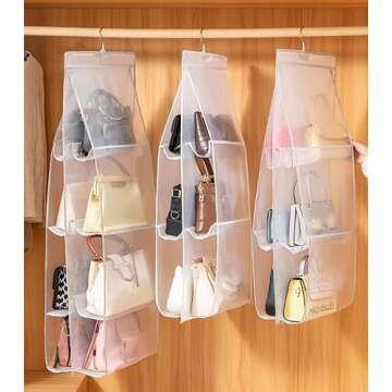 AARAINBOW 1 Pack Hanging Handbag Purse Organizer for Closet, Womens Purse Storage Organizers, 8 Pockets Wardrobe Space Saving Purse Holder, Hanging Hand Bag Organizer White, 44.5L x 13.5 W (A-White)