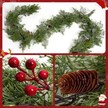9FT Artificial Long Cedar Garlands - Real Touch Winter Pine Garland, Green Artificial Greenery Garla...