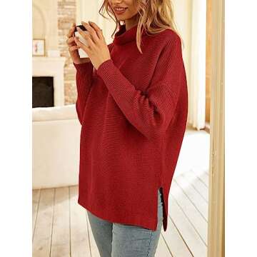 LILLUSORY Women's Mock Turtleneck Sweater Oversized Long Sleeve Casual Knit Pullover Tunic Tops Wear with Leggings Red S