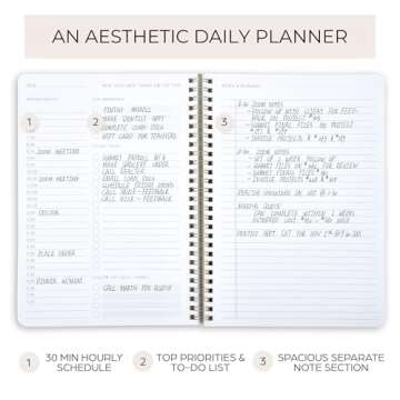 Beautiful Daily Planner And Notebook With Hourly Schedule - Aesthetic Spiral To do List Notepad to E...
