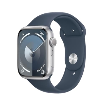 Apple Watch Series 9 [GPS 45mm] Smartwatch with Silver Aluminum Case with Storm Blue Sport Band M/L....