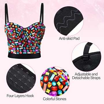 Hercicy Push up Rhinestone Bra Halloween Women Costume Beaded Bustier Crop Top Bra Crystal Dangle Earrings for Halloween(XL,Multicolored)