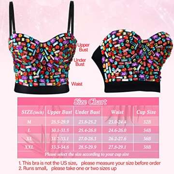 Hercicy Push up Rhinestone Bra Halloween Women Costume Beaded Bustier Crop Top Bra Crystal Dangle Earrings for Halloween(XL,Multicolored)