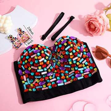 Hercicy Push up Rhinestone Bra Halloween Women Costume Beaded Bustier Crop Top Bra Crystal Dangle Earrings for Halloween(XL,Multicolored)