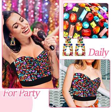 Hercicy Push up Rhinestone Bra Halloween Women Costume Beaded Bustier Crop Top Bra Crystal Dangle Earrings for Halloween(XL,Multicolored)