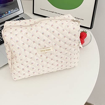 Juoxeepy Cotton Makeup Bag Large Travel Cosmetic Bag Quilted Cosmetic Pouch Coquette Aesthetic Floral Toiletry Bag
