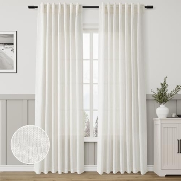 Natural Linen Curtains 84 Inch Length 2 Panels Cream White Pleated Linen Drapes for Living Room Semi...