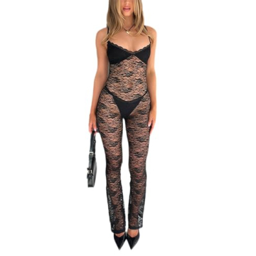 RISCUYY Lace Jumpsuit for Women - Sexy Stretchy See Through Club Outfits for Women Night Out