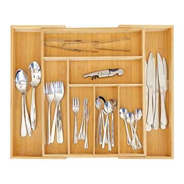 ZROOY Expandable Bamboo Kitchen Silverware Organizer Drawer for Utensils Holder and Cutlery, 8 Compa...