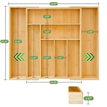 ZROOY Expandable Bamboo Kitchen Silverware Organizer Drawer for Utensils Holder and Cutlery, 8 Compartments for Drawer Tray with Grooved Drawer Dividers, Flatware and Kitchen Utensils (Natural)