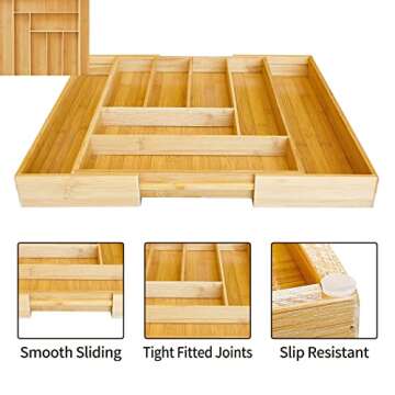 ZROOY Expandable Bamboo Kitchen Silverware Organizer Drawer for Utensils Holder and Cutlery, 8 Compartments for Drawer Tray with Grooved Drawer Dividers, Flatware and Kitchen Utensils (Natural)