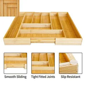 ZROOY Expandable Bamboo Kitchen Silverware Organizer Drawer for Utensils Holder and Cutlery, 8 Compartments for Drawer Tray with Grooved Drawer Dividers, Flatware and Kitchen Utensils (Natural)