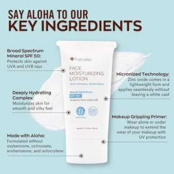 Hanalei Face Moisturizer with SPF 50 Mineral Sunscreen, Zinc Oxide, No White Cast, Vegan & Reef-Safe, Gentle Sunblock for Sensitive Skin, Invisible Protection, 2-in-1 Hydrating Makeup Primer 1.7 oz