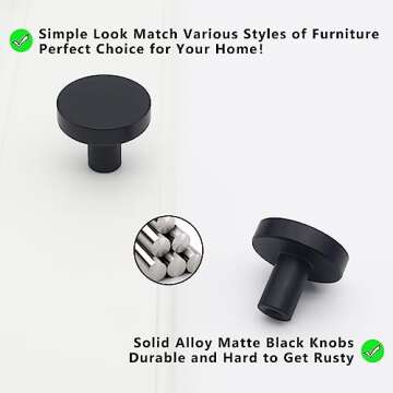 HANIHUA 5 Pack Matte Black Kitchen Cabinet Knobs, Solid Dresser Knobs Drawer Knobs for Cabinets, Single Hole Black Knob for Cabinets and Drawer Pulls Furniture Hardware Round