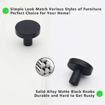 HANIHUA 5 Pack Matte Black Kitchen Cabinet Knobs, Solid Dresser Knobs Drawer Knobs for Cabinets, Single Hole Black Knob for Cabinets and Drawer Pulls Furniture Hardware Round