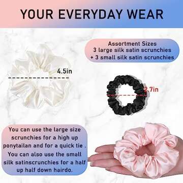 LuSeren 6 Pack Assorted Satin Scrunchies - Soft, Stylish Hair Accessories in Varying Sizes for Women and Girls, Black, Pink, Ivory