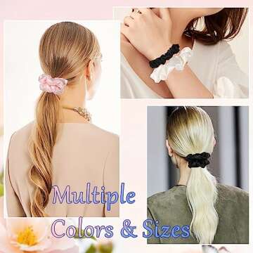 LuSeren 6 Pack Assorted Satin Scrunchies - Soft, Stylish Hair Accessories in Varying Sizes for Women and Girls, Black, Pink, Ivory