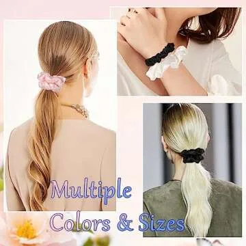 LuSeren 6 Pack Assorted Satin Scrunchies - Soft, Stylish Hair Accessories in Varying Sizes for Women and Girls, Black, Pink, Ivory