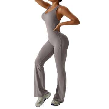 OEAK Womens Flare Jumpsuit Tummy Control Cutout Romper Workout Outfits Sleeveless Unitard Seamless One Piece Backless Bodycon Flaxen M