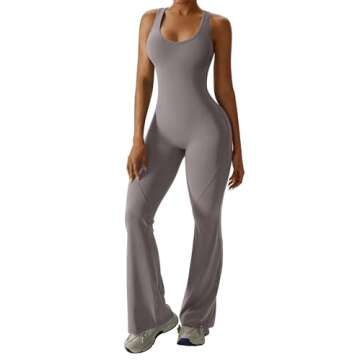 OEAK Womens Flare Jumpsuit Tummy Control Cutout Romper Workout Outfits Sleeveless Unitard Seamless One Piece Backless Bodycon Flaxen M