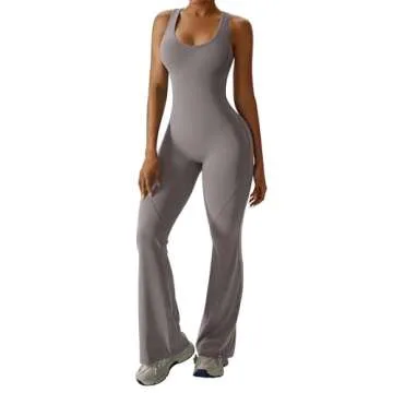 OEAK Womens Flare Jumpsuit Tummy Control Cutout Romper Workout Outfits Sleeveless Unitard Seamless One Piece Backless Bodycon Flaxen M