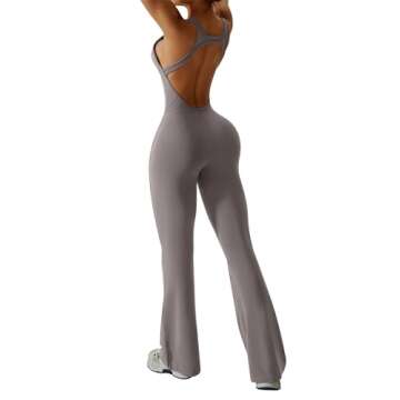 OEAK Womens Flare Jumpsuit Tummy Control Cutout Romper Workout Outfits Sleeveless Unitard Seamless One Piece Backless Bodycon Flaxen M