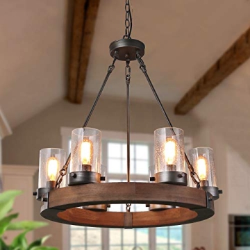 GEPOW Farmhouse Wood Chandelier, Round Wagon Wheel Light Fixture with Seeded Glass Shades for Dining...