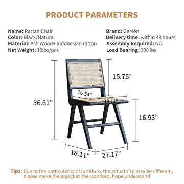 GeMon Dining Chairs Set of 2 Retro Cane Side Chairs with Rattan Woven Back, Mid-Century Modern Armless Wood Wishbone Chair for Indoor,Kitchen,Living Room,Home,Office Fully Assembled Black