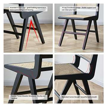 GeMon Dining Chairs Set of 2 Retro Cane Side Chairs with Rattan Woven Back, Mid-Century Modern Armless Wood Wishbone Chair for Indoor,Kitchen,Living Room,Home,Office Fully Assembled Black