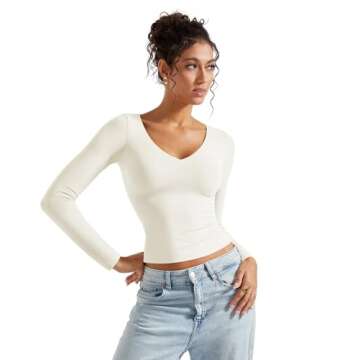 SUUKSESS Women Double Lined V Neck Going Out Crop Long Sleeve Tank Top Casual Fitted Slim Trendy Cut...