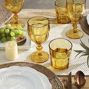 EAST CREEK | Set of 6 Colored Amber Glasses Goblet | Vintage Amber Drinking Glasses | 8.5oz Embossed Design | Drinking Glass with Stem | Wedding Amber Glassware(Amber)