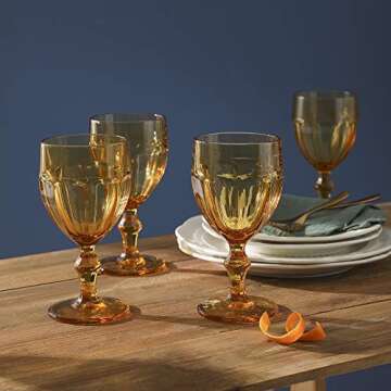 EAST CREEK | Set of 6 Colored Amber Glasses Goblet | Vintage Amber Drinking Glasses | 8.5oz Embossed Design | Drinking Glass with Stem | Wedding Amber Glassware(Amber)