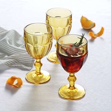 EAST CREEK | Set of 6 Colored Amber Glasses Goblet | Vintage Amber Drinking Glasses | 8.5oz Embossed Design | Drinking Glass with Stem | Wedding Amber Glassware(Amber)