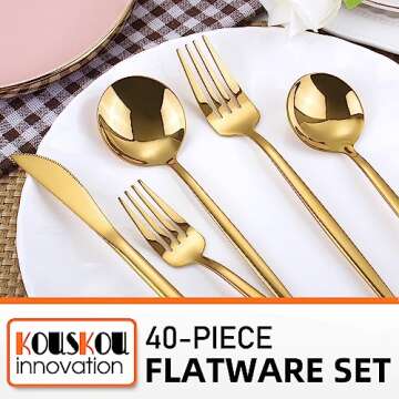 KOUSKOU Mirror Gold Silverware Set for 8 - 40 Piece Elegant Tableware