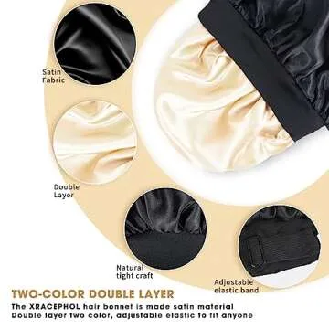 Silk Bonnet for Sleeping Double Layer Satin Bonnet Adjustable Bonnets for Black Women Sleep Cap Reversible Hair Bonnet for Curly Hair (Black)