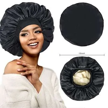 Silk Bonnet for Sleeping Double Layer Satin Bonnet Adjustable Bonnets for Black Women Sleep Cap Reversible Hair Bonnet for Curly Hair (Black)