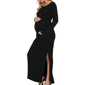 Elegant Smallshow Women's Split Maternity Dress Long Sleeve Ruched Pregnancy Clothes in Black Medium