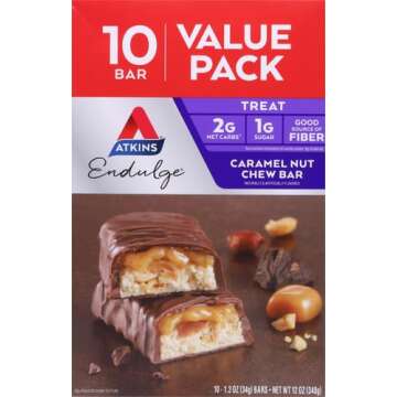 Atkins Endulge Caramel Nut Chew Bar, Dessert Favorite, 1g Sugar, Good Source of Fiber, Low Sugar, 10 Count