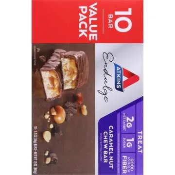 Atkins Endulge Caramel Nut Chew Bar, Dessert Favorite, 1g Sugar, Good Source of Fiber, Low Sugar, 10 Count