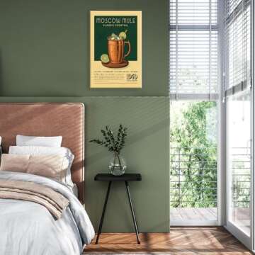 Generic Moscow Mule Poster Vintage Cocktail Poster Bar Cart Accessories and Decor Retro Cocktail Wall Art Colorful Preppy Bar Art Prints for College Dorm Apartment(16x24inchs，Unframed)