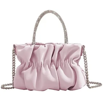MOMOJULI Women Evening Purse Handbags Rhinestone Handle Soft Leather Ruched Bag Bridal Clutch Weddin...