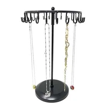 Qaeoity Rotating Necklace Holder Jewelry Organizer Display Stand 14-Inch with 23 Hooks Black, short-black, 8.27*5.9*13.8inch (HS01)