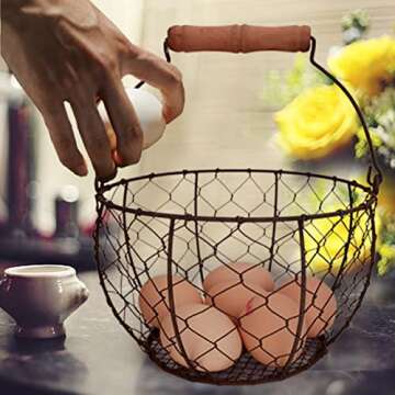 TAIANLE. Farmhouse Wire Egg Basket for Gathering Fresh Eggs with Handle, Round Metal Egg Collecting ...