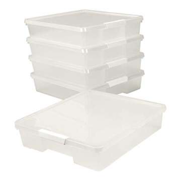 Storex Classroom Craft Project Box – Stacking Plastic Organizer Fits 12x12 Scrapbooking Paper, Clear, 5-Pack (63209U05C)