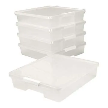 Storex Classroom Craft Project Box – Stacking Plastic Organizer Fits 12x12 Scrapbooking Paper, Clear, 5-Pack (63209U05C)
